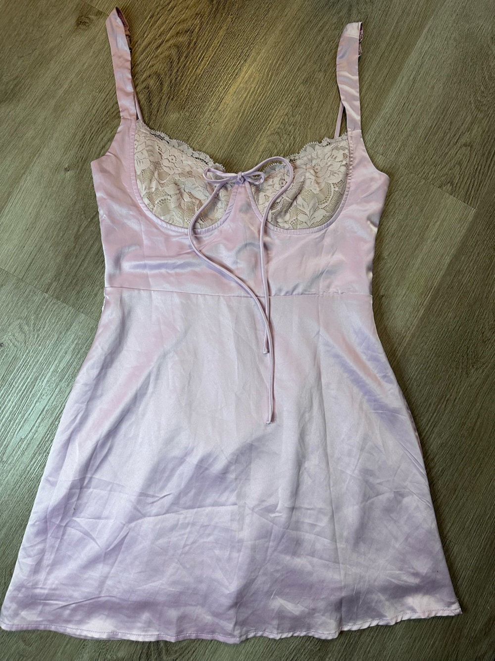 Satin Lace-Trim Mini Dress in Light Pink